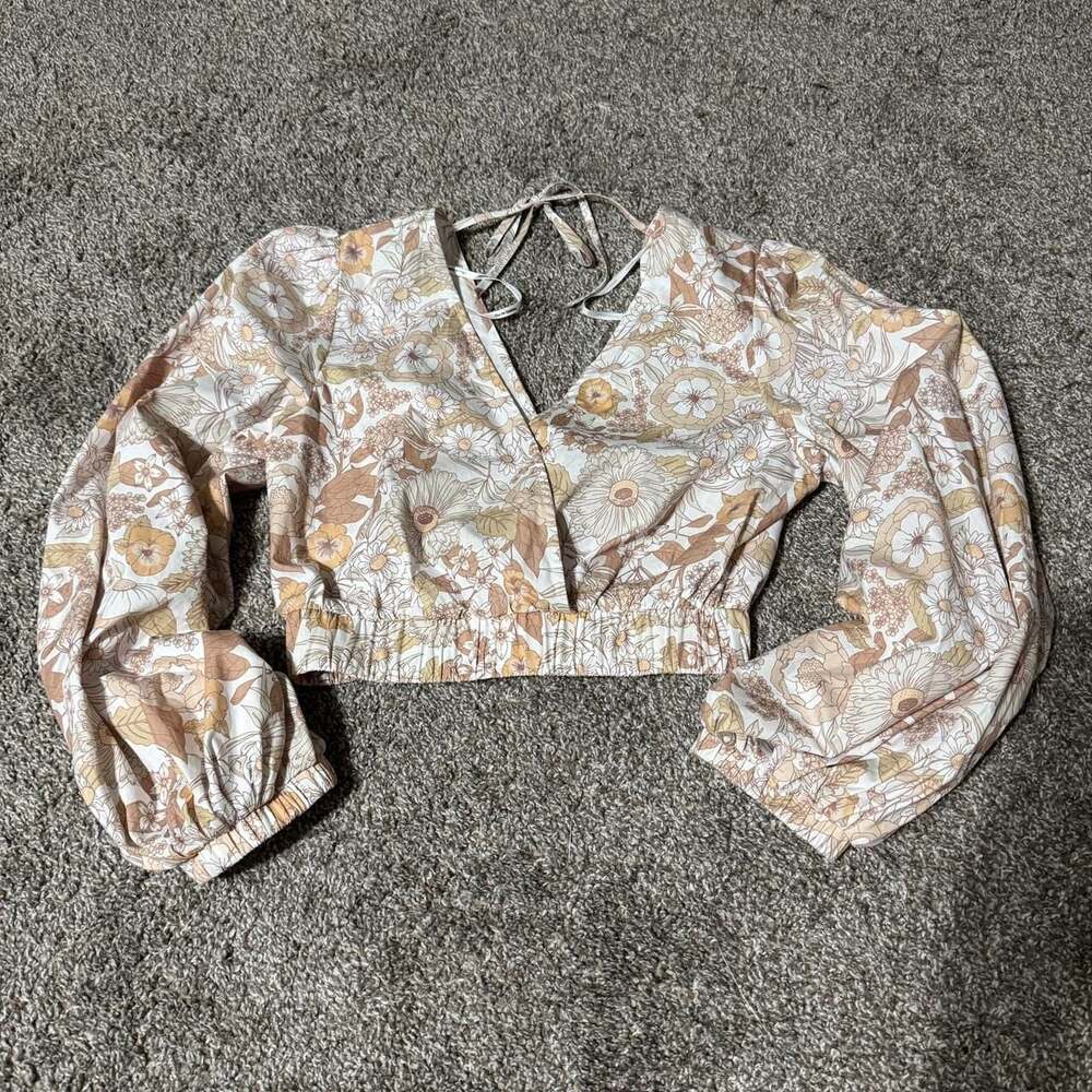 Charlie Holiday Floral Long Sleeve Crop Top, Neutral Boho, Size 6/S